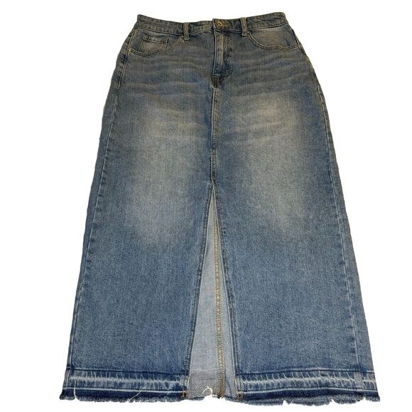 SANCTUARY Light Blue High Rise Front Slit Midi Denim Jean Skirt Raw Hem Size 28 - Picture 1 of 12